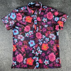 Retro Rifle Tropical Fields Floral Gun Print Stretch Button Down Shirt Mens L